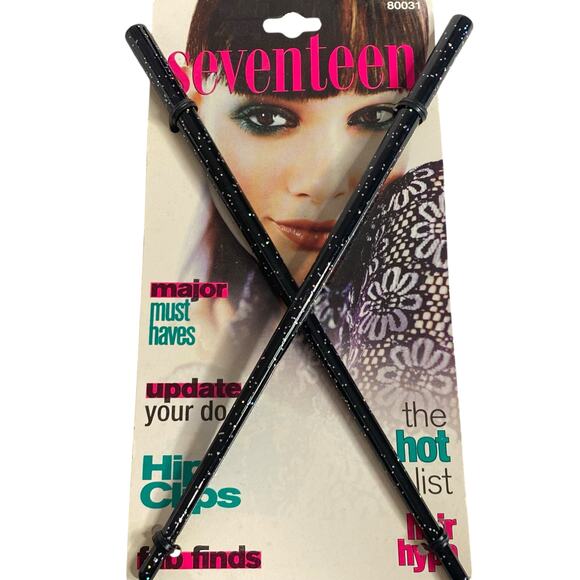 Vintage 90s Seventeen Hair Sticks Black Sparkle Glitter Buns and Updos #80031 - Picture 5 of 11
